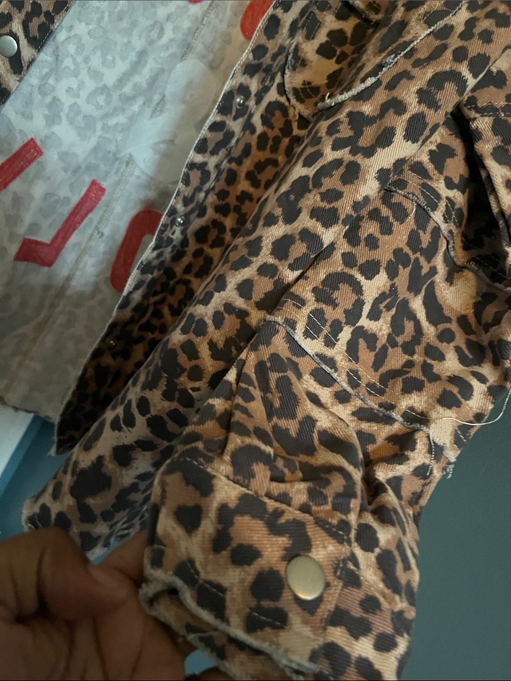 Leopard Print Oversized Jean Jacket with Red 'Rock & Roll' Appliqué - Brown - Picture 4 of 4